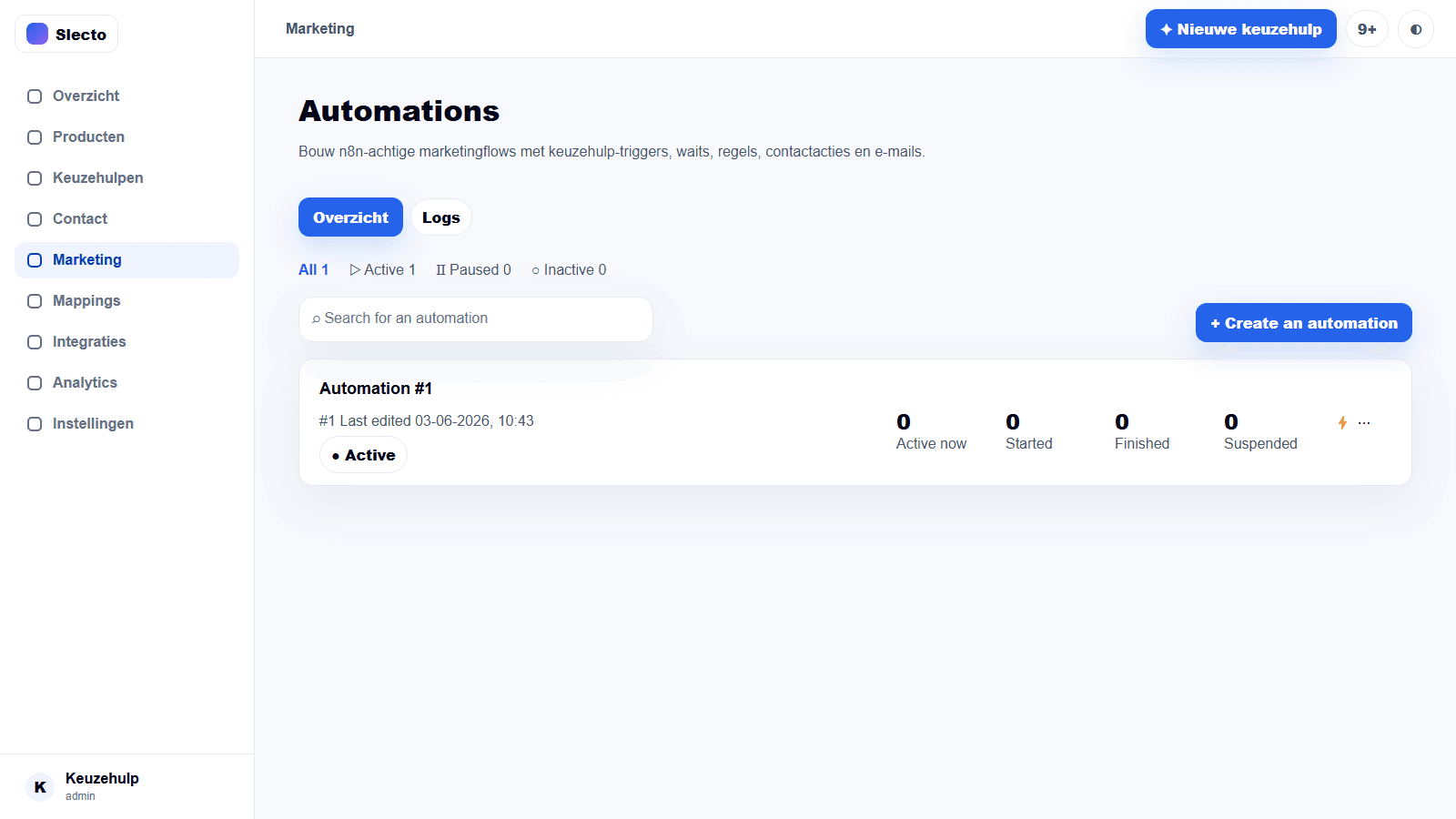 Slecto automations overview with status, filters and campaign statistics