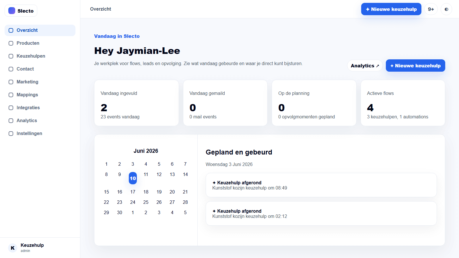 Slecto dashboard with calendar, events and active flows