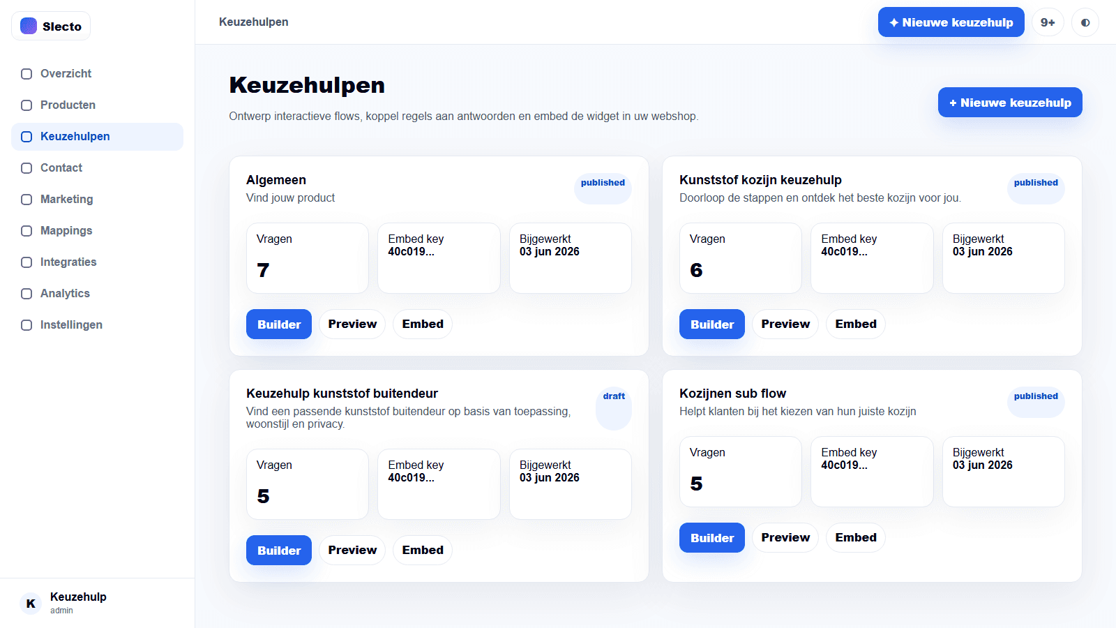 Slecto guides overview with cards and actions
